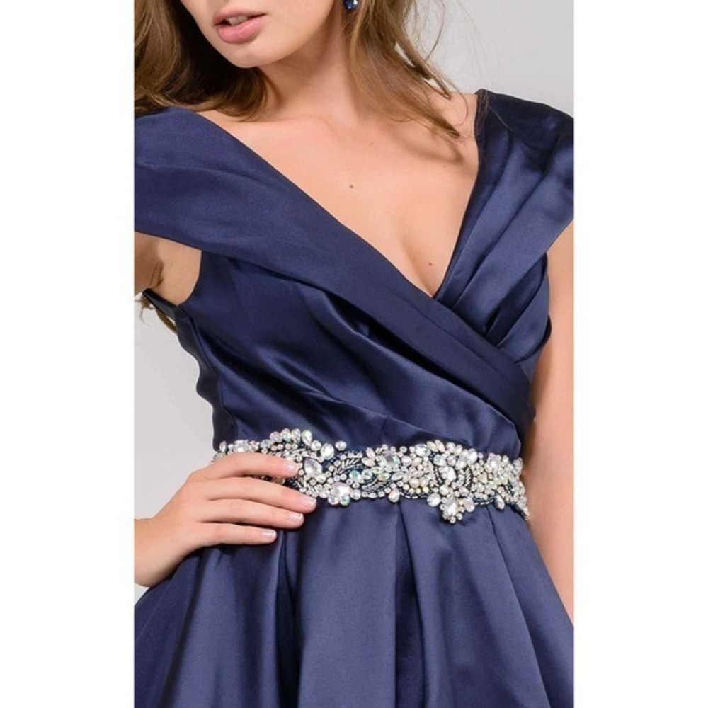 Jovani 25190 Navy Blue 10 Satin Portrait Neck Crystal Waist Evening Gown Dress - Picture 6 of 16